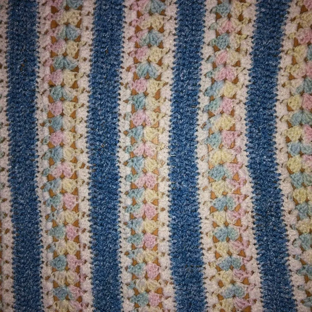 Vintage Crochet Afghan Blue Pink Handmade Baby Crib Quilt Nursery Blanket 40x31